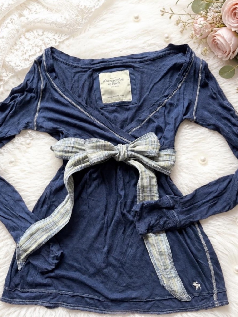 Abercrombie & Fitch Navy Wrap Long-Sleeve Top with Plaid Tie